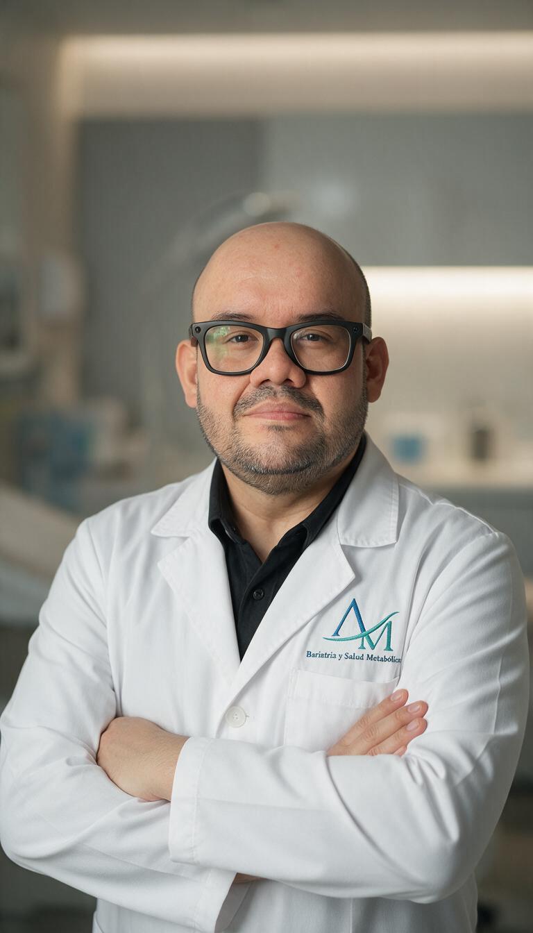 Dr. Ángel Maldonado, con bata y brazos cruzados